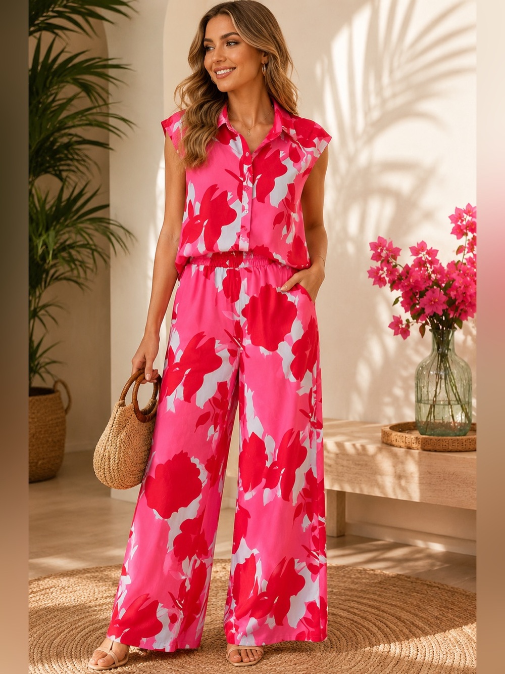 Pink Tropical Floral 2 Piece Set Wide Leg Pants & Button Top S/M